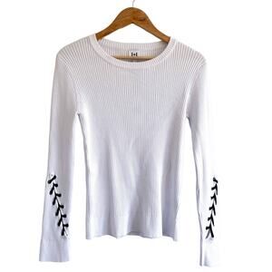 John + Jenn NEW Ribbed Lace Up Long Sleeve Crew Neck Sweater Top White Medium